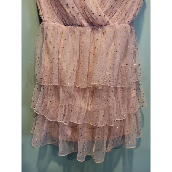 Y2K City Triangles Pink Mesh Tiered Gold Polkadot Mini Dress Sz 9 Fairy - Picture 3 of 7